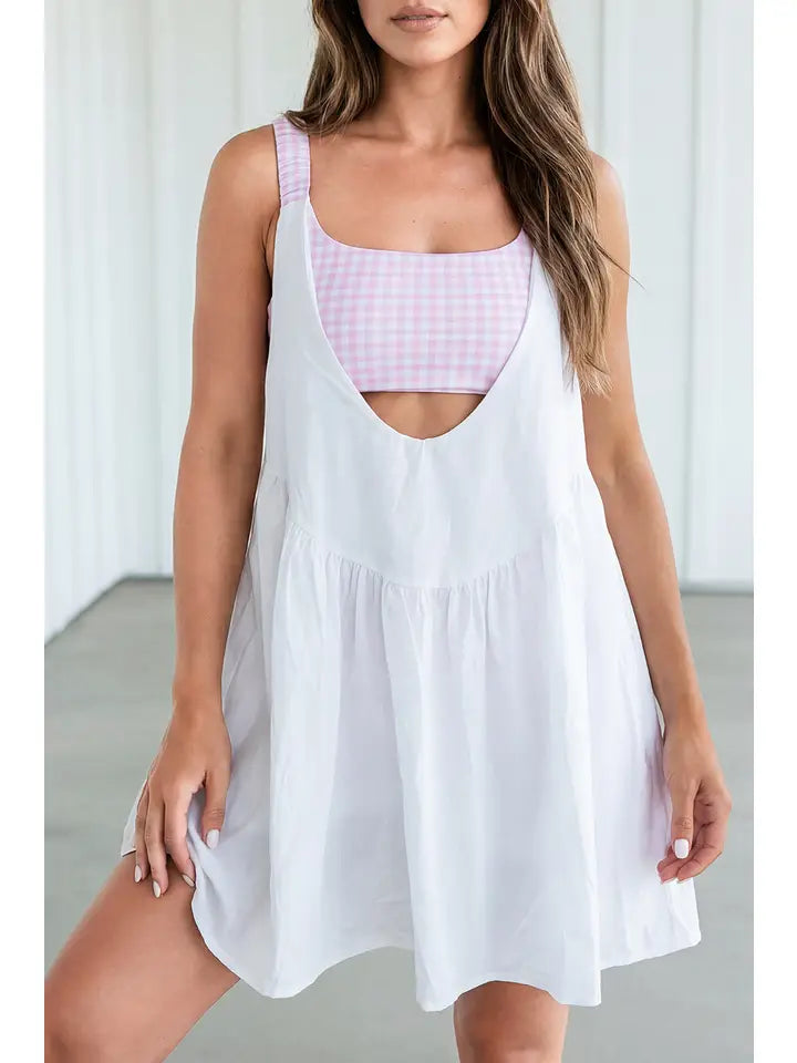 White Romper Inside Patchwork Gingham Mini Dress