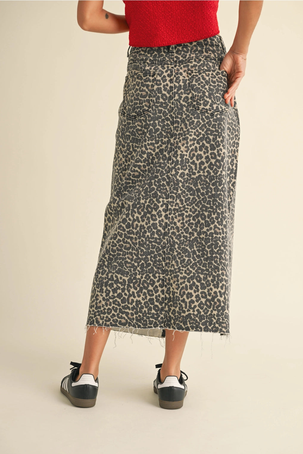 Denim Leopard Print Long Skirt