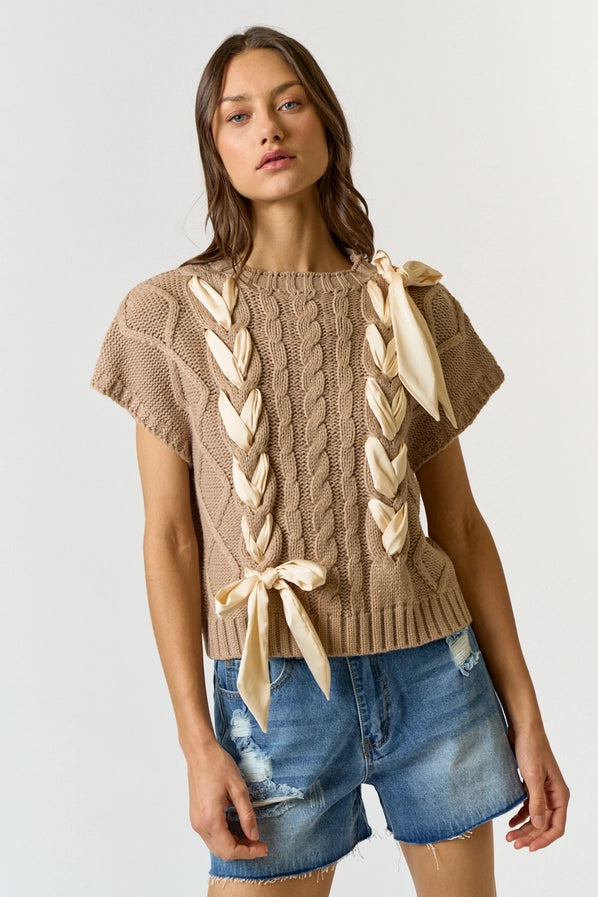 Heather Bow Cable Knit Sweater