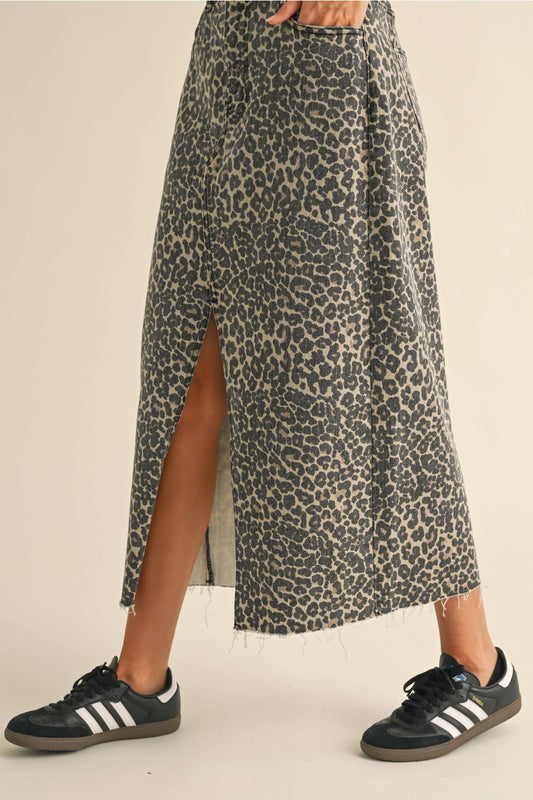 Denim Leopard Print Long Skirt