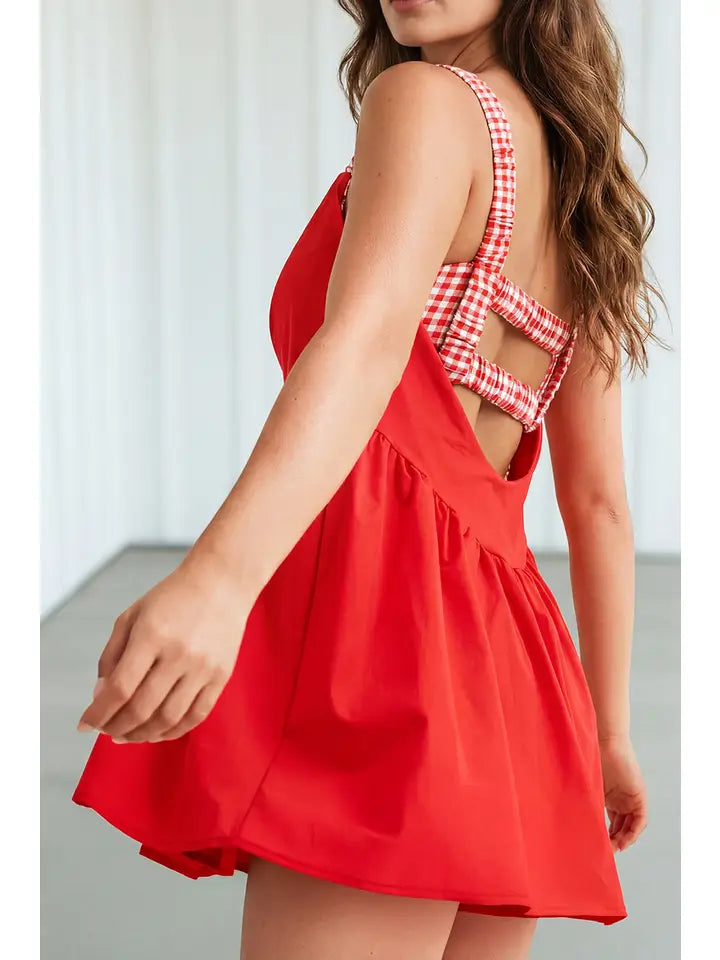 Red Romper Inside Patchwork Gingham Mini Dress