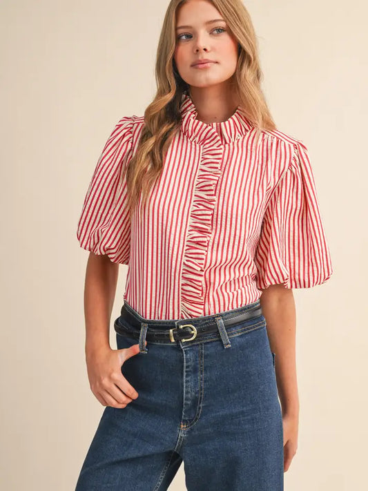 Cindy Striped Ruffled Button Down Top
