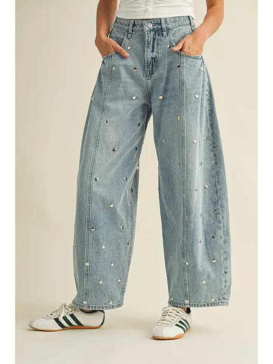 Studded Barrel Denim Pants