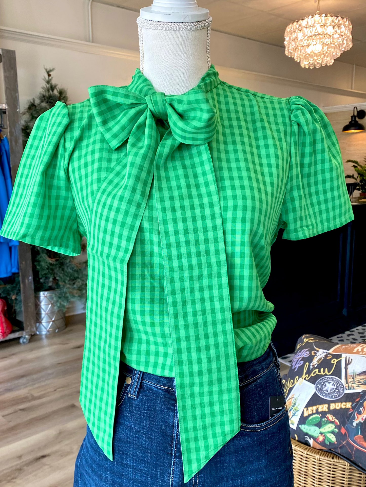 Green Gingham Tie Top