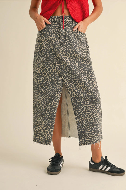 Denim Leopard Print Long Skirt