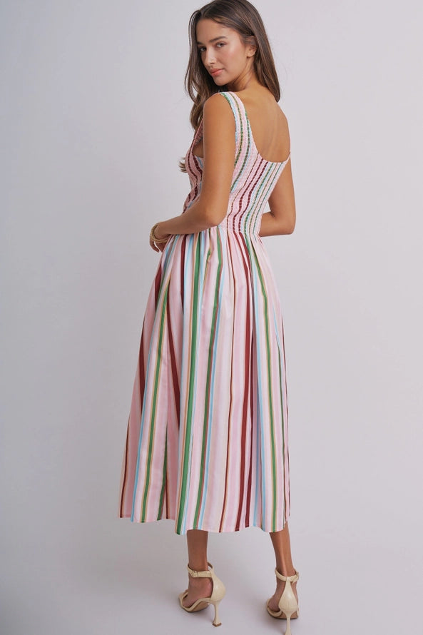 Candy Stripe Smocked Midi Dress