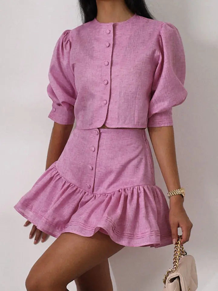 Pink Puff Sleeve Skirt Set