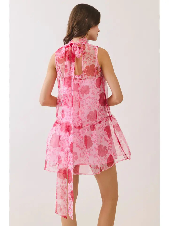 Floral Sheer High Neck Tie Mini Dress