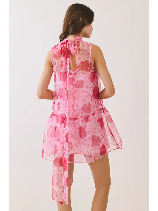 Floral Sheer High Neck Tie Mini Dress