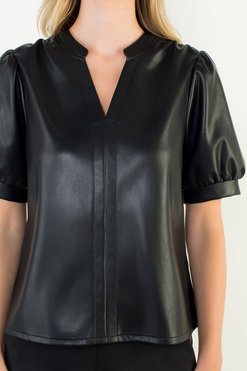 Black Puff Sleeve Leather Top