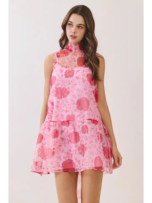 Floral Sheer High Neck Tie Mini Dress