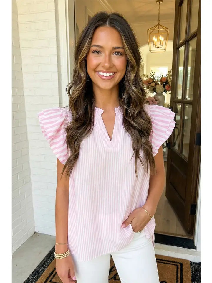 Blair Stripe Contrast V Neck Flutter Sleeve Blouse