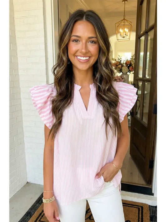 Blair Stripe Contrast V Neck Flutter Sleeve Blouse