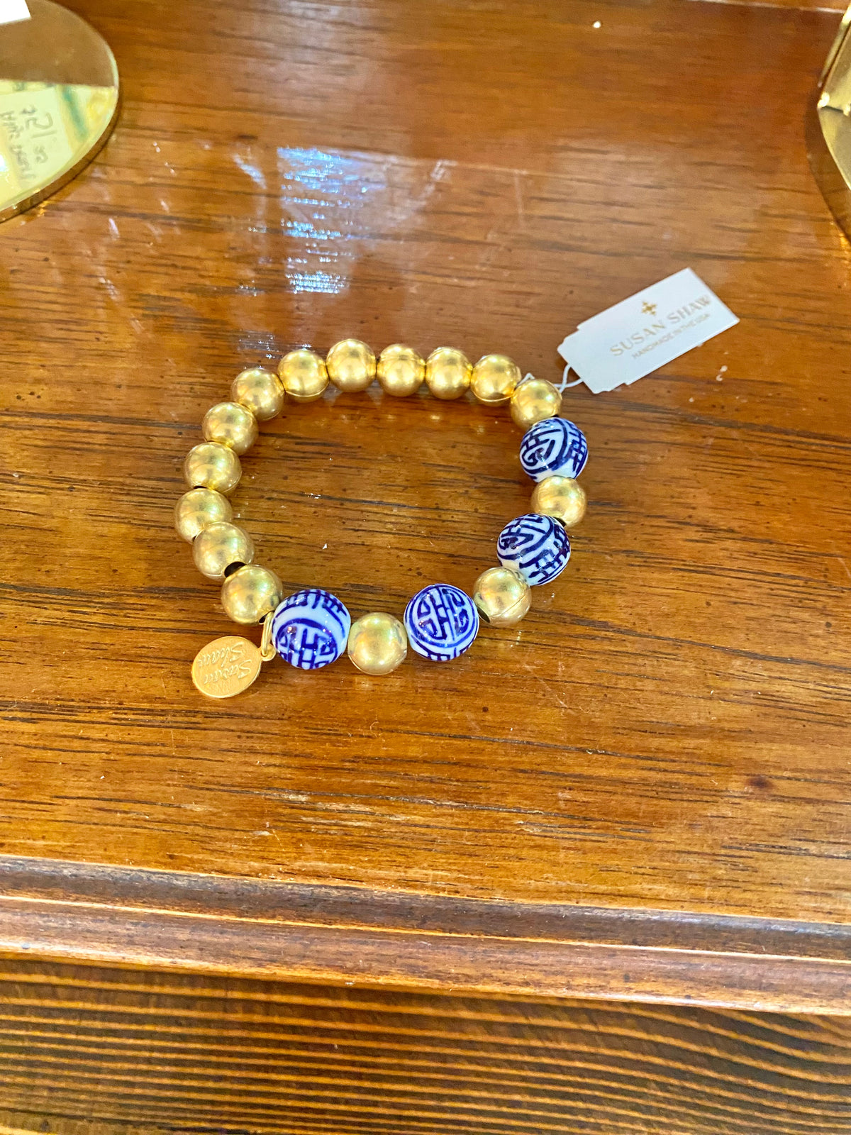 Gold Plated Ball & Porcelain Bead Stretch Bracelet