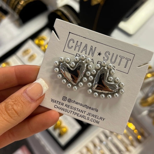 Pearl Heart Earrings in Silver