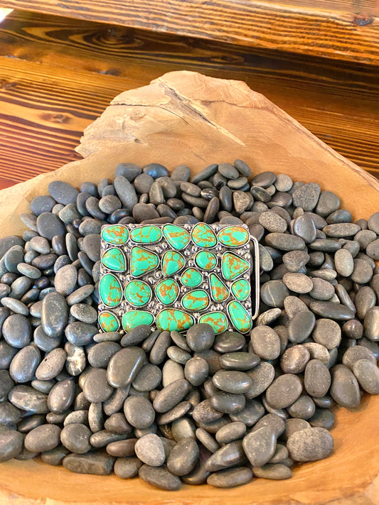 Silver Metal with Green Turquoise Stone Rectangle Belt Buckle