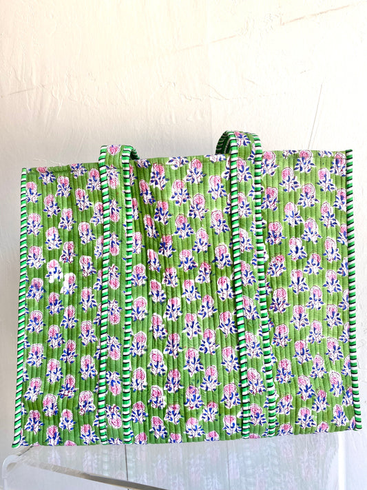 Quilted Block Print Tote Bag