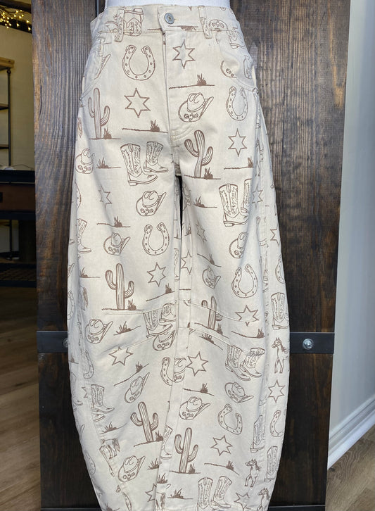 Western Print Barrel Jeans