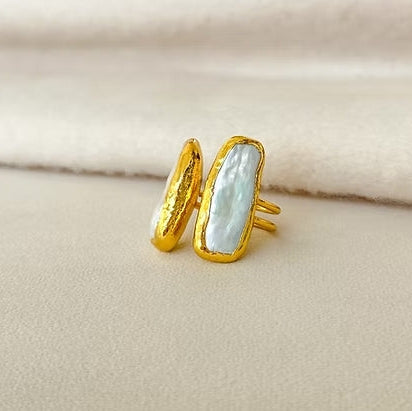 18K Gold Double Linear Pearl Ring