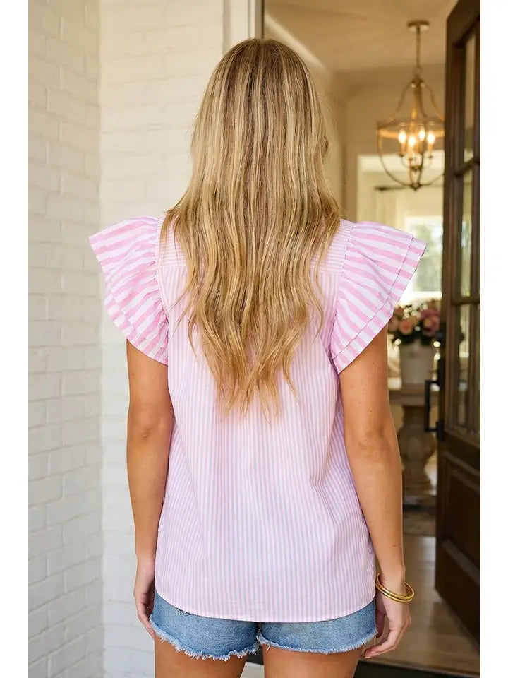 Blair Stripe Contrast V Neck Flutter Sleeve Blouse