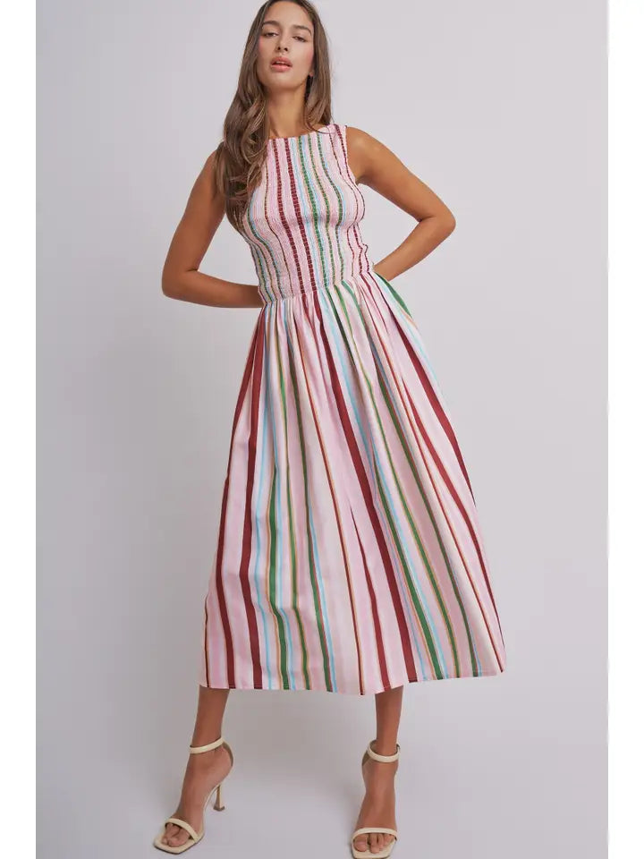 Candy Stripe Smocked Midi Dress