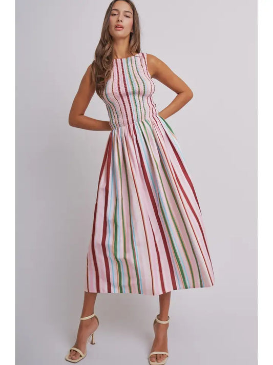 Candy Stripe Smocked Midi Dress