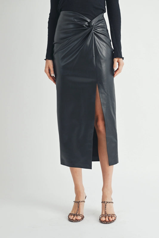 Leather Twist Waist Midi Skirt