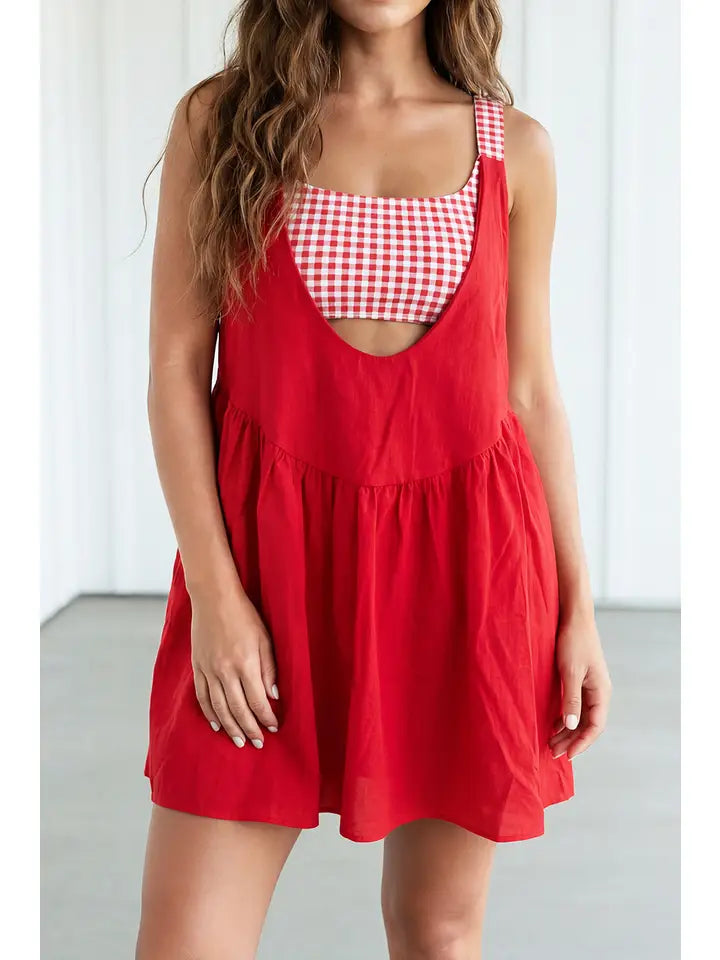 Red Romper Inside Patchwork Gingham Mini Dress