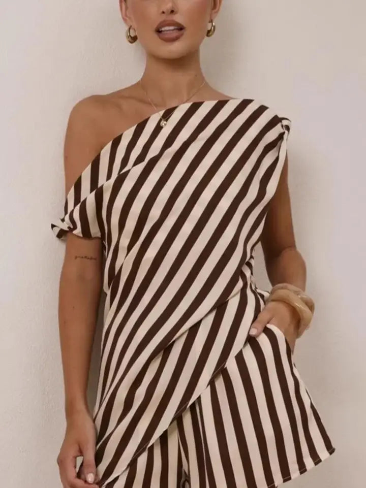 Brown One-Shoulder Striped Short Set