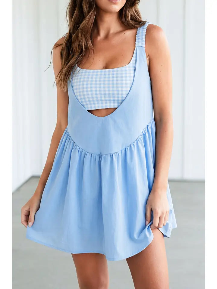 Blue Romper Inside Patchwork Gingham Mini Dress