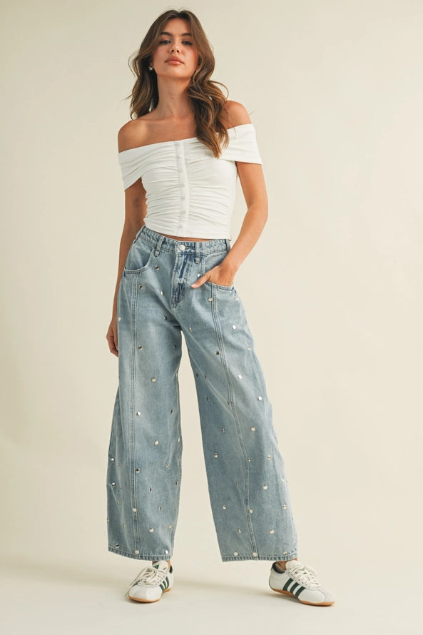 Studded Barrel Denim Pants