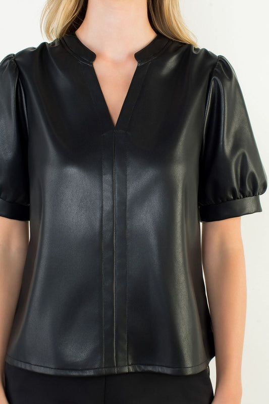 Black Puff Sleeve Leather Top