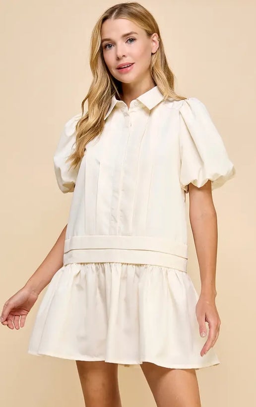 Off White Pleat Puff Sleeve Dress