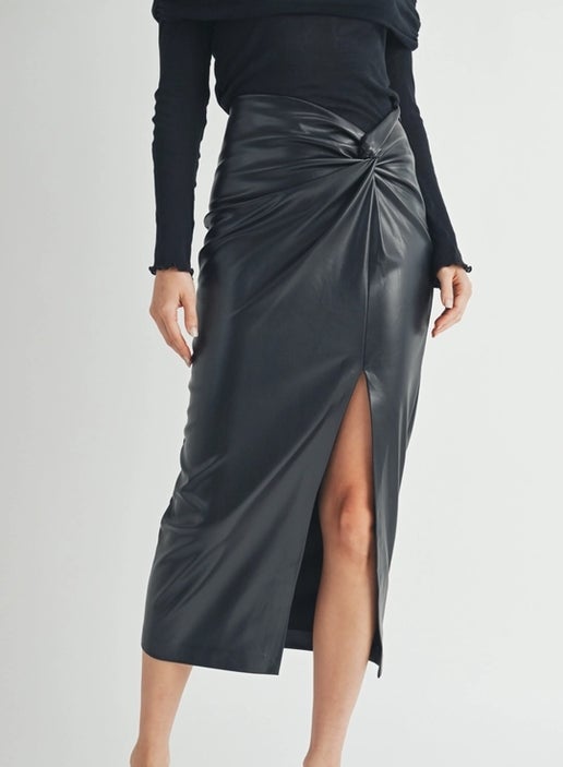 Leather Twist Waist Midi Skirt
